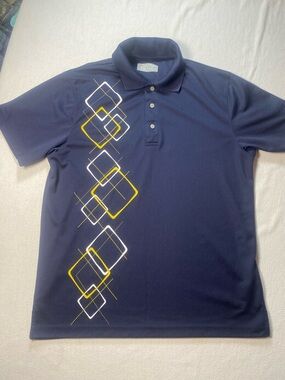 PGA Tour Navy Polo with Yellow & White Geometric Squares